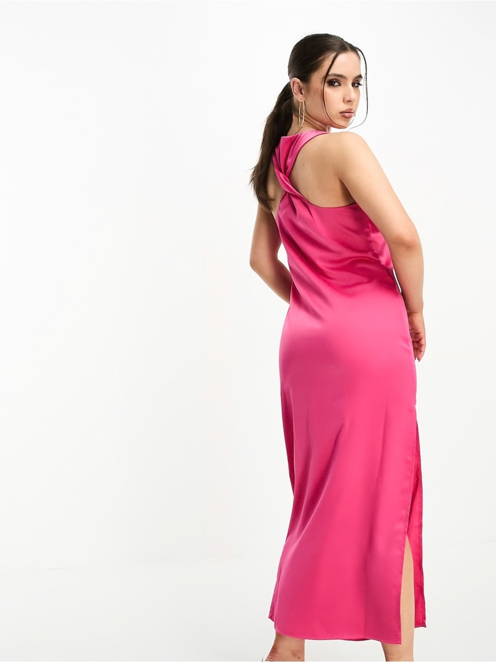Twist-Back Satin Midi Dress in Hot Pink